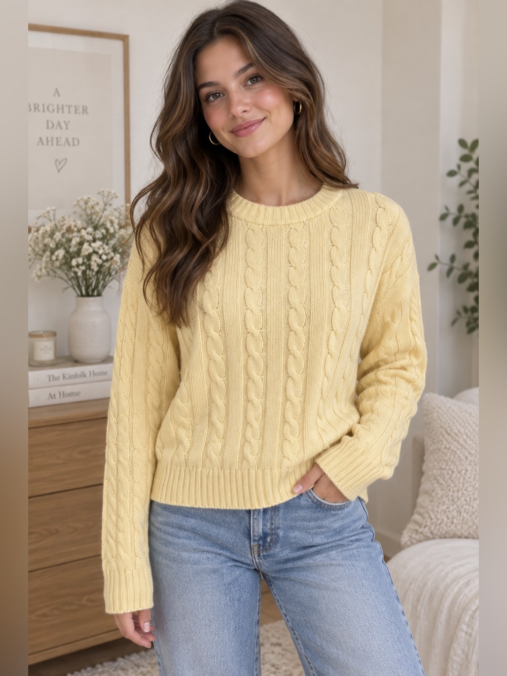 Classic Cable-Knit Pullover Sweater - Soft Yellow
